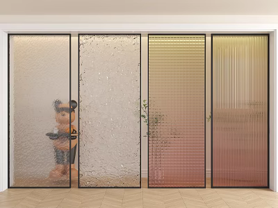 Modern Glass Room Dividers with Various Textured Transparent and Translucent Panels and Black Frames 3d model