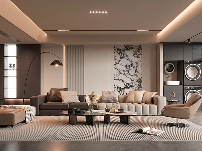 Modern Living Room Interior With Gray Sofa Coffee Table And Marble Decorative Wall Art 3d model