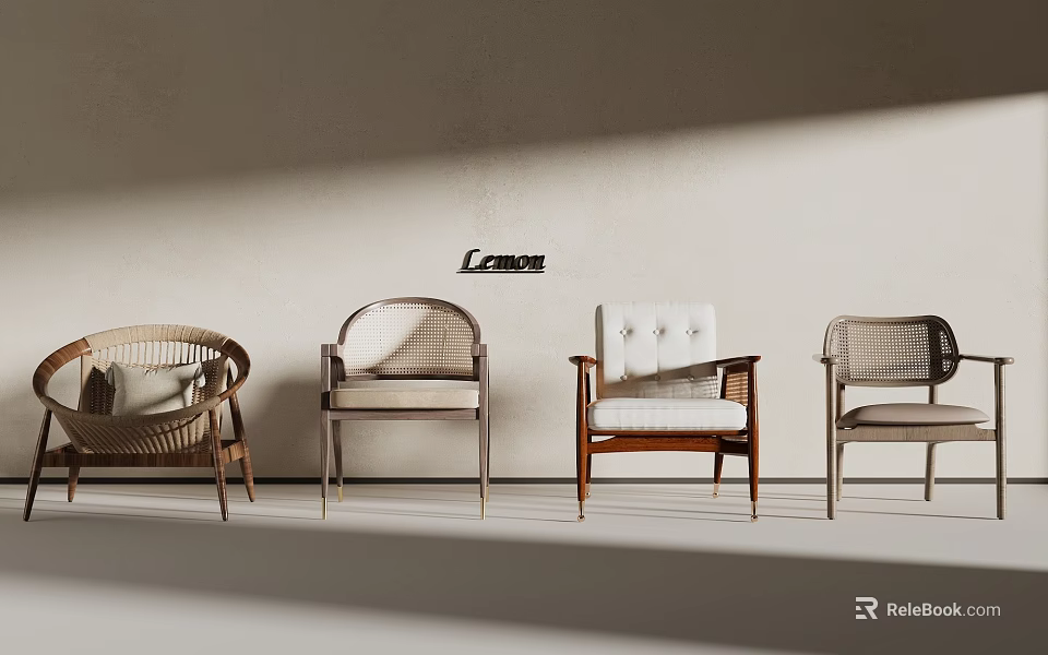 Stylish Single Chair Collection With Woven Rattan Upholstered Seats And Wooden Frames 3d model 