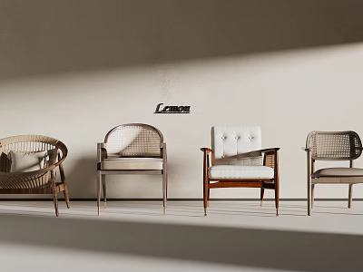 Stylish Single Chair Collection With Woven Rattan Upholstered Seats And Wooden Frames 3d model