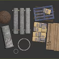 Various Construction Materials Display Featuring Concrete Pipes Wooden Crates And Timber Planks