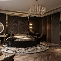 Modern Bedroom Interior With Round Bed Furry Rug Crystal Chandelier And Wooden Wardrobe