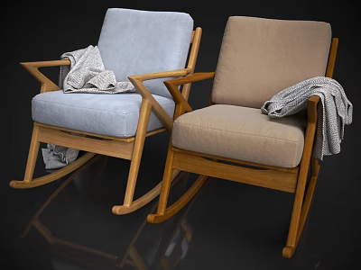 Light Blue And Beige Rocking Chairs With Wooden Frame Upholstered Seats And Gray Blankets Draped 3d model