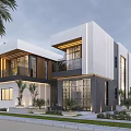 Modern Two Story Detached Villa White Exterior Black Frames Glass Balcony Palm Trees Red Car