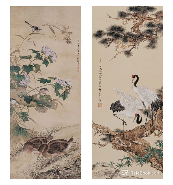 Traditional Chinese Flower and Bird Paintings with Pine Tree Cranes and Blossoms 3d model 