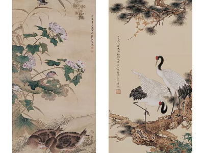Traditional Chinese Flower and Bird Paintings with Pine Tree Cranes and Blossoms 3d model