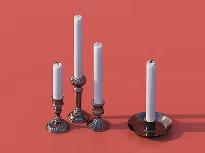 Decorative Candle Holders With White Candles And Various Designs On Red Background 3d model
