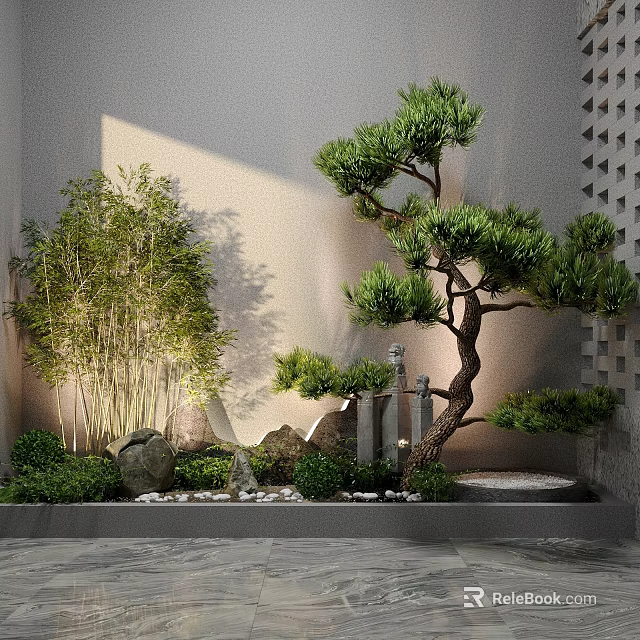 Tranquil Courtyard Garden Design With Bamboo Pine Tree Stones Green Plants And Water Feature 3d model 