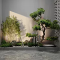 Tranquil Courtyard Garden Design With Bamboo Pine Tree Stones Green Plants And Water Feature
