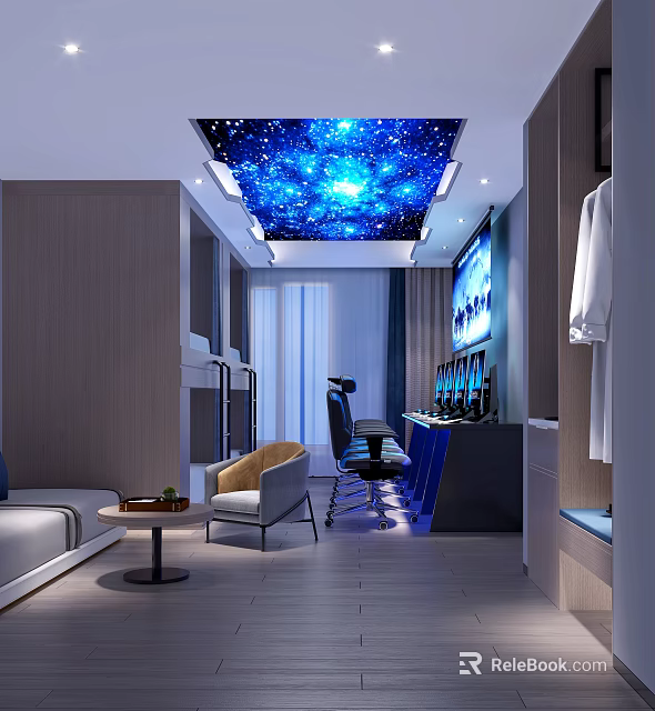 Modern Room Interior With Starry Sky Ceiling Sofa Chair And Computer Screens 3d model