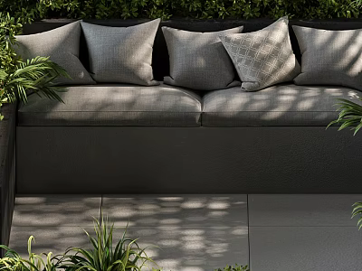 Outdoor Sofa With Plush Cushions On Tile Patio And Greenery 3d model