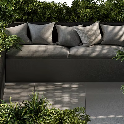 Outdoor Sofa With Plush Cushions On Tile Patio And Greenery 3d model Outdoor Sofa With Plush Cushions On Tile Patio And Greenery 3d model