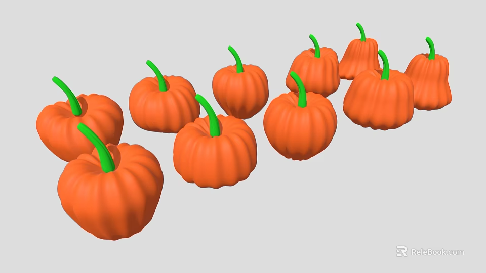 Fresh Ripe Orange Pumpkins with Green Stems Arranged Together in Group 3d model 