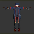 Man With Blue Hair Wearing Blue Coat Red Accents Arms Outstretched Red Shoes