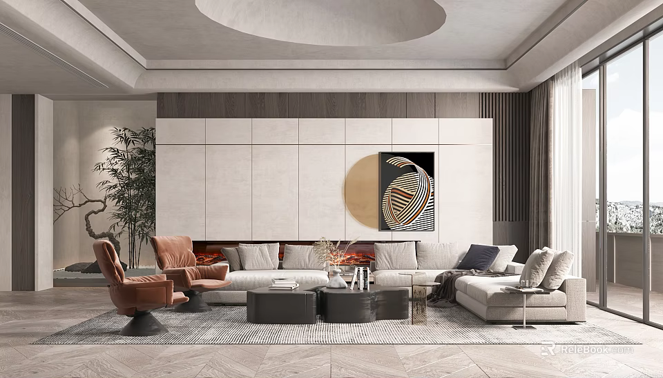 Modern Living Room Interior With Gray Wooden Panel Wall Circular Abstract Painting And Sectional Sofa 3d model 