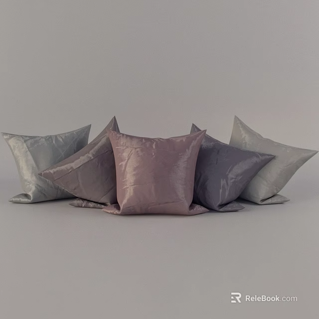 Decorative Pillows Stacked in Gray Purple Dark Gray with Shiny Velvet Fabric on Light Background 3d model 