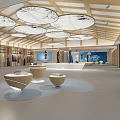 Spacious Modern Clothing Showroom With Wooden Ceiling Circular Lights And Display Tables