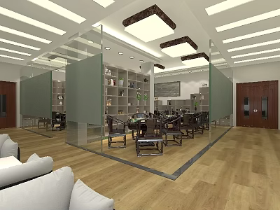 Elegant Hotel Mahjong Room Interior With Wooden Tables Chairs Glass Partitions And Warm Lighting 3d model