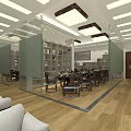 Elegant Hotel Mahjong Room Interior With Wooden Tables Chairs Glass Partitions And Warm Lighting