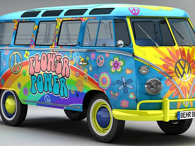 Colorful Volkswagen Bus Featuring Flower Power Peace Symbols Floral Patterns and Rainbow Design 3d model