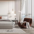 Modern Bedroom Interior With Platform Bed Pillows Pendant Lights Area Rug And Accent Chair