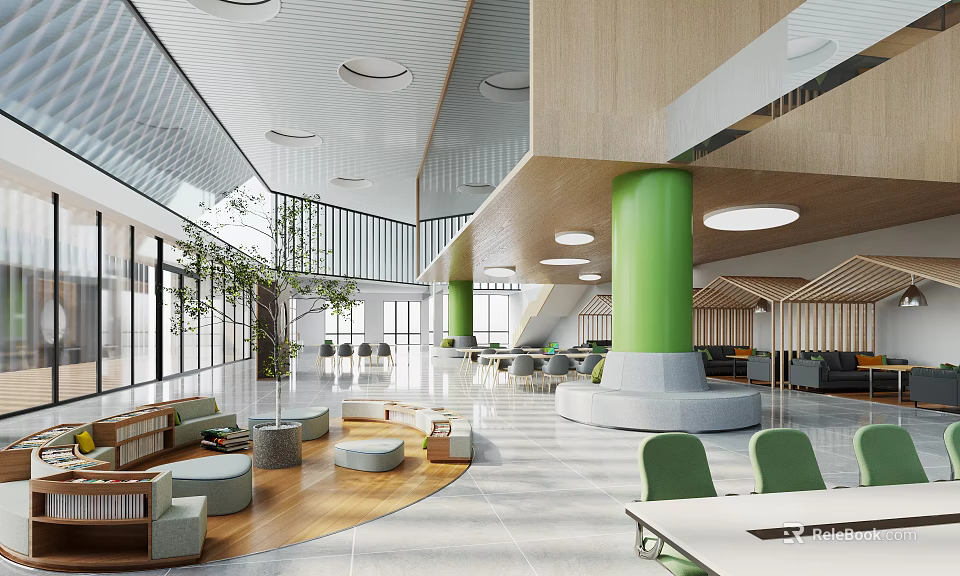 Book Art Reading Space with Green Pillars Wooden Elements and Large Windows in Modern Design 3d model 