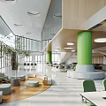 Book Art Reading Space with Green Pillars Wooden Elements and Large Windows in Modern Design