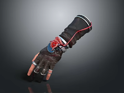 Black Mechanical Glove With Red Accents Blue Details And Metal Rings Design 3d model