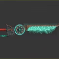 Futuristic Chainsaw With Glowing Green Crystal Blade Red Black Handle Intricate Patterns And Dark Reflection