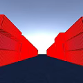 Red And Blue Industrial Containers Arranged With Sunset Light Shining Through And Airplane Flying Overhead