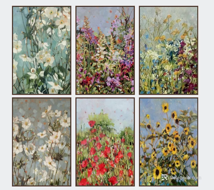 Vibrant Floral Oil Paintings Featuring White Purple Red Yellow Flowers And Natural Garden Scenery 3d model 
