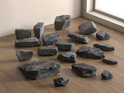 Black Stones Scattered On Wooden Floor Displaying Natural Texture And Light 3d model