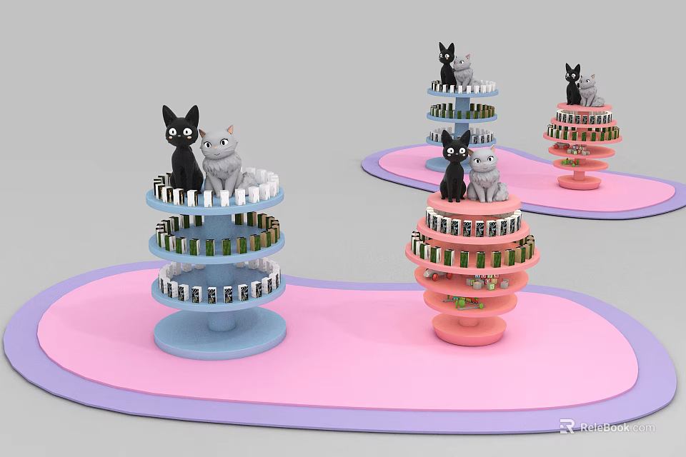 Spiral Multi layer Display Shelves with Colorful Bases and Cat Ornaments on Mats 3d model 