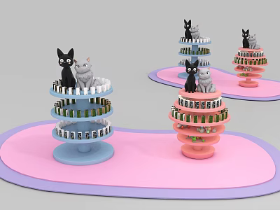 Spiral Multi layer Display Shelves with Colorful Bases and Cat Ornaments on Mats 3d model