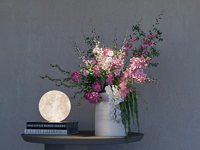 Decorative Ornament Set Featuring White Vase Pink White Flowers Moon Lamp And Books 3d model