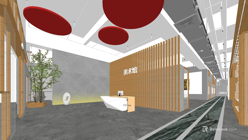 Art Gallery Interior With Wooden Slat Partition Reception Desk Red Circular Decorations And Green Plant 3d model 