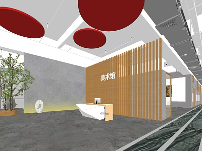 Art Gallery Interior With Wooden Slat Partition Reception Desk Red Circular Decorations And Green Plant 3d model