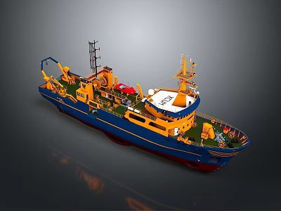 Blue and Yellow Marine Work Ship With Deck Crane and Navigation Equipment 3d model