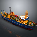 Blue and Yellow Marine Work Ship With Deck Crane and Navigation Equipment