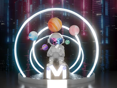 Futuristic Space Themed Photo Spot With Astronaut Planets Neon Rings And City Night View 3d model
