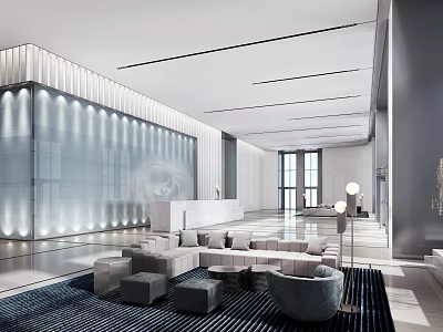 Elegant Modern Front Desk Reception Lobby with Sofa Seating Floor to Ceiling Windows and Lighting 3d model