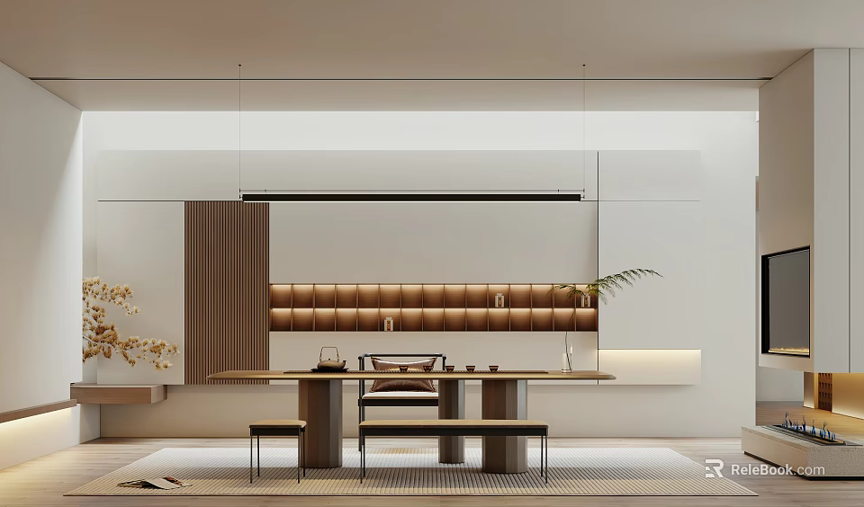 Modern Tea Room Interior With Wooden Table Tea Sets Benches And Green Plant 3d model 