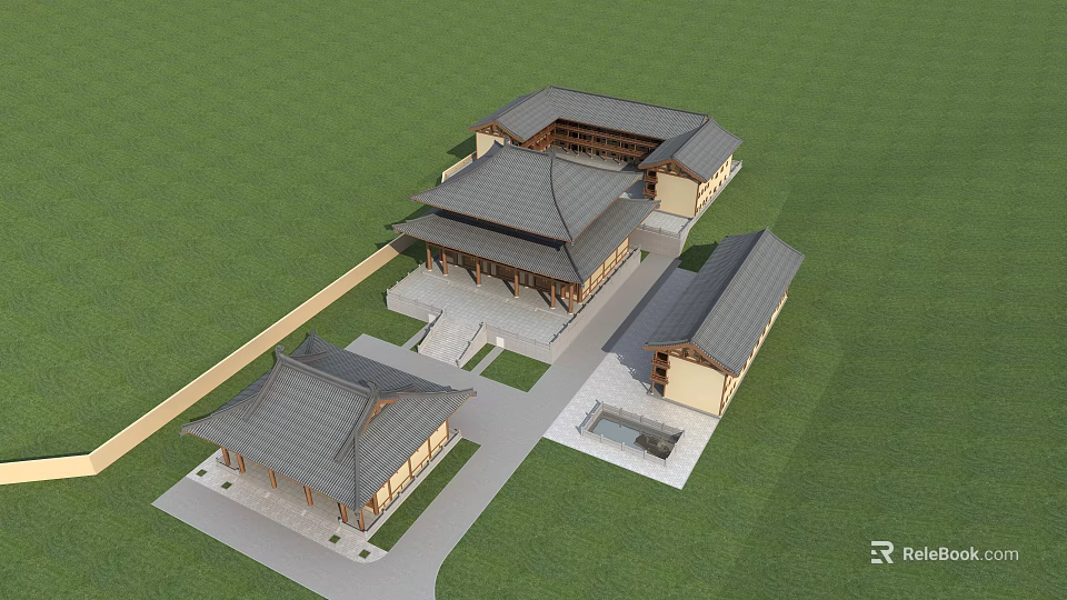 Ancient Architecture Complex Featuring Traditional Grey Tile Roofs And Courtyard With Stone Path 3d model 