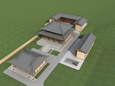 Ancient Architecture Complex Featuring Traditional Grey Tile Roofs And Courtyard With Stone Path 3d model