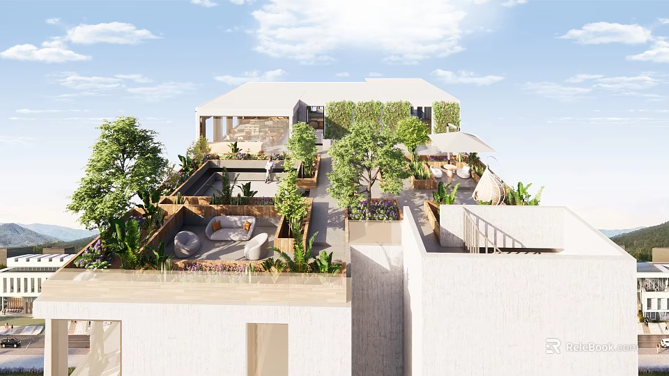 Modern Roof Garden Design With Green Plants Seating Area And Outdoor Relaxing Space 3d model 