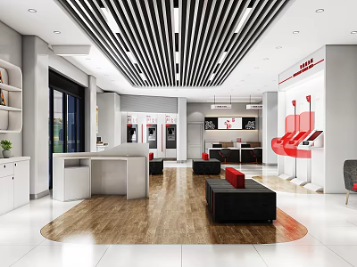 Modern Bank Hall Interior With White Counters Black Sofas Red Self Service Machines Wooden Flooring 3d model
