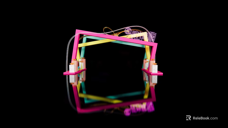 Colorful Geometric Frame Structure With Neon Lights And Reflection On Black Background 3d model 