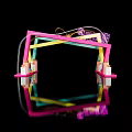 Colorful Geometric Frame Structure With Neon Lights And Reflection On Black Background