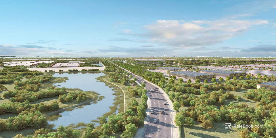 Aerial View Urban Planning with Scenic River Green Spaces and Road Network 3d model 