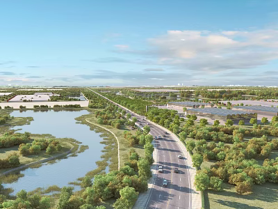 Aerial View Urban Planning with Scenic River Green Spaces and Road Network 3d model